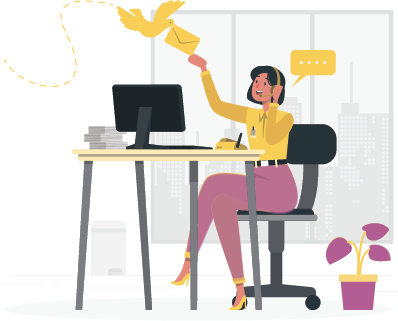 Concept of Customer phone and email support. Illustratiuon of a busy woman sitting at an office desk speaking on the phone and handing a letter to a dove